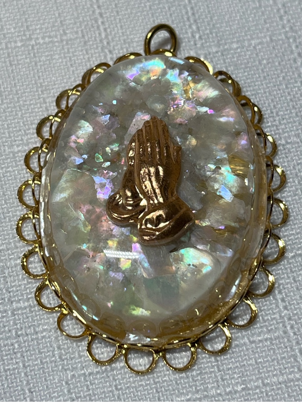 Vintage Gold Praying Hands Iridescent White Oval Pendant